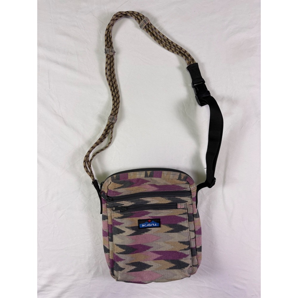 KAVU Keeper Crossbody Bag Unisex OS Purple Ikat Canvas Rope Strap Boho Travel